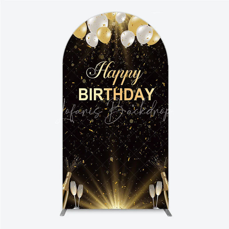 Lofaris Elegant Black and Gold Happy Birthday Arch Backdrop Festive Balloons Confetti Champagne Decor