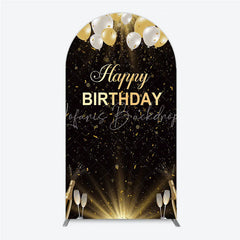 Lofaris Elegant Black and Gold Happy Birthday Arch Backdrop Festive Balloons Confetti Champagne Decor