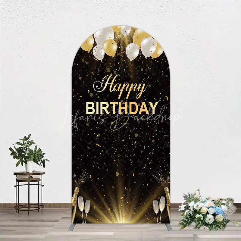 Lofaris Elegant Black and Gold Happy Birthday Arch Backdrop Festive Balloons Confetti Champagne Decor