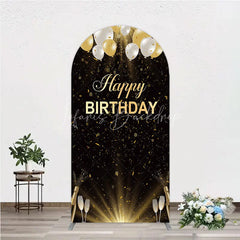 Lofaris Elegant Black and Gold Happy Birthday Arch Backdrop Festive Balloons Confetti Champagne Decor