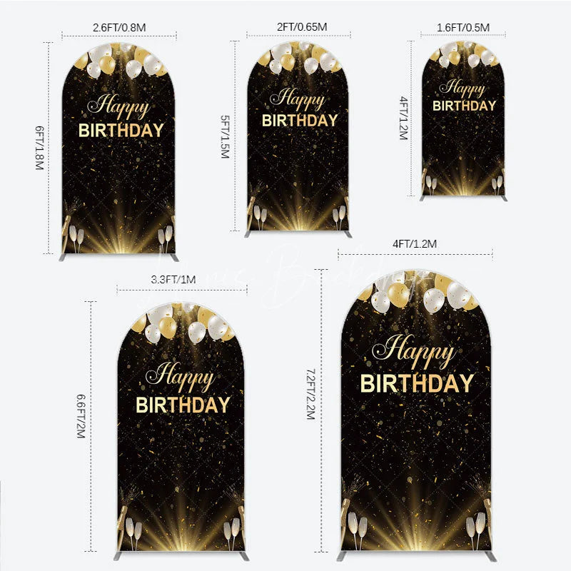 Lofaris Elegant Black and Gold Happy Birthday Arch Backdrop Festive Balloons Confetti Champagne Decor