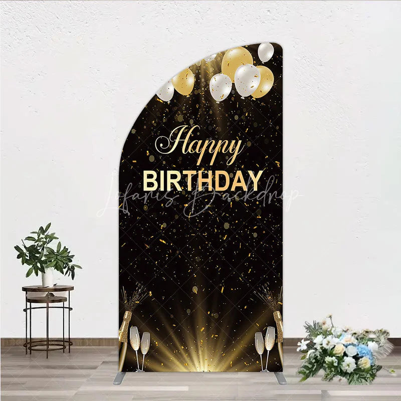 Lofaris Elegant Black and Gold Happy Birthday Half Moon Arch Backdrop Festive Balloons Confetti Champagne Decor