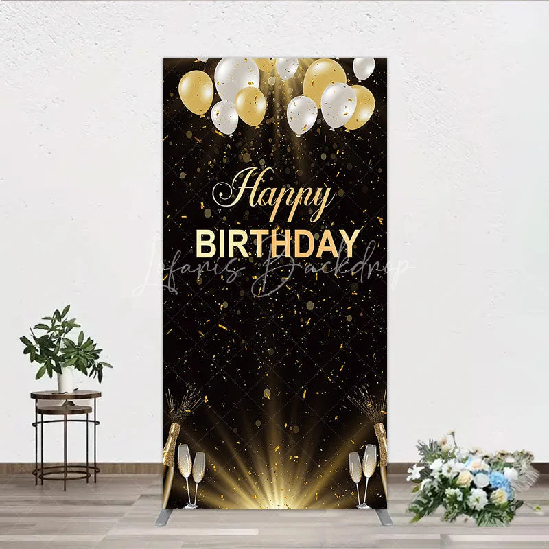 Lofaris Elegant Black and Gold Happy Birthday Rectangle Backdrop Festive Balloons Confetti Champagne Decor