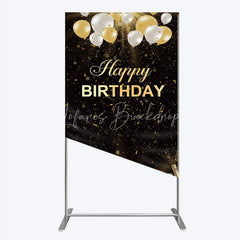 Lofaris Elegant Black and Gold Happy Birthday Rectangle Backdrop Festive Balloons Confetti Champagne Decor