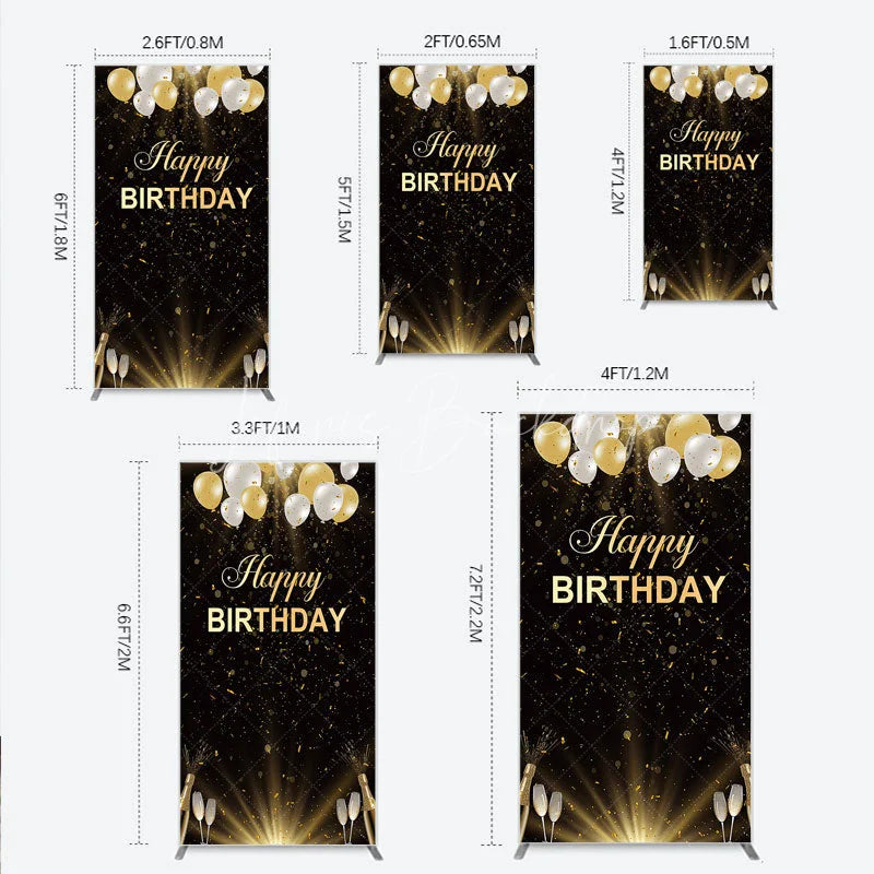 Lofaris Elegant Black and Gold Happy Birthday Rectangle Backdrop Festive Balloons Confetti Champagne Decor