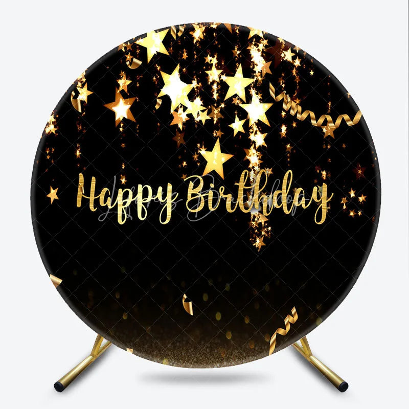 Lofaris Elegant Black and Gold Happy Birthday Round Backdrop Sparkling Stars Glitter for Party Celebration