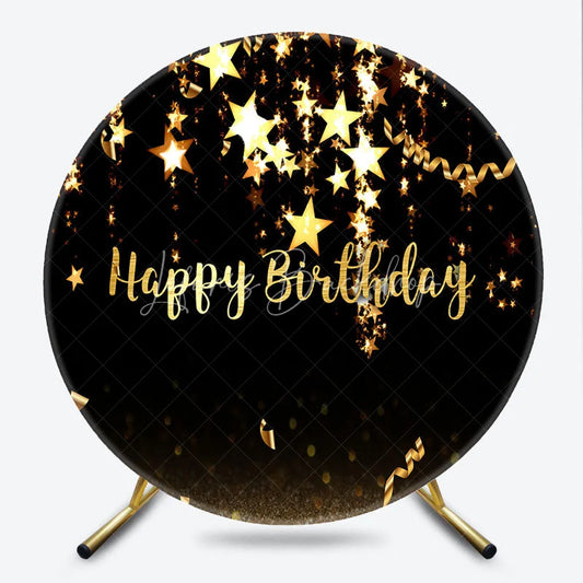 Lofaris Elegant Black and Gold Happy Birthday Round Backdrop Sparkling Stars Glitter for Party Celebration