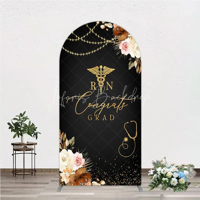 Lofaris Elegant Black and Gold RN Caduceus Congrats Grad Arch Backdrop Kit Floral Stethoscope Graduation Party Decor