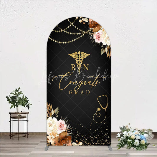 Lofaris Elegant Black and Gold RN Caduceus Congrats Grad Arch Backdrop Kit Floral Stethoscope Graduation Party Decor