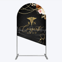 Lofaris Elegant Black and Gold RN Caduceus Congrats Grad Arch Backdrop Kit Floral Stethoscope Graduation Party Decor