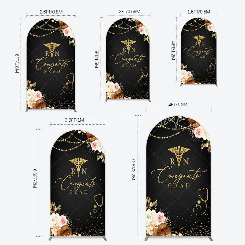 Lofaris Elegant Black and Gold RN Caduceus Congrats Grad Arch Backdrop Kit Floral Stethoscope Graduation Party Decor