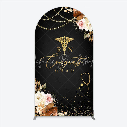 Lofaris Elegant Black and Gold RN Caduceus Congrats Grad Arch Backdrop Kit Floral Stethoscope Graduation Party Decor