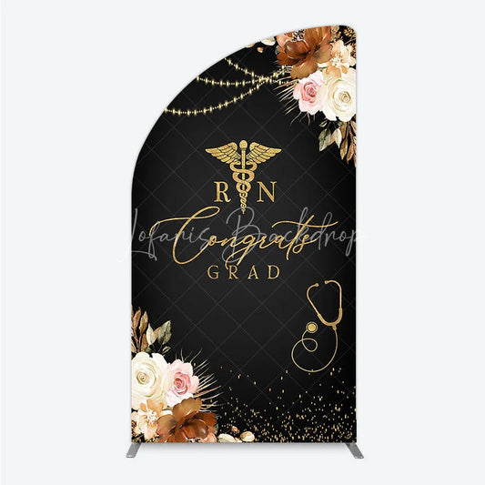 Lofaris Elegant Black and Gold RN Caduceus Congrats Grad Half Moon Arch Backdrop Kit Floral Stethoscope Graduation Party Decor