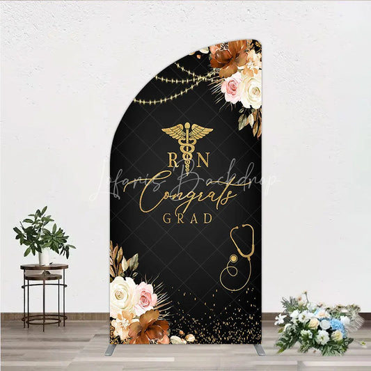 Lofaris Elegant Black and Gold RN Caduceus Congrats Grad Half Moon Arch Backdrop Kit Floral Stethoscope Graduation Party Decor