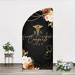 Lofaris Elegant Black and Gold RN Caduceus Congrats Grad Half Moon Arch Backdrop Kit Floral Stethoscope Graduation Party Decor