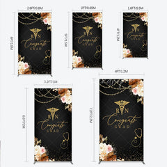 Lofaris Elegant Black and Gold RN Caduceus Congrats Grad Rectangle Backdrop Kit Floral Stethoscope Graduation Party Decor