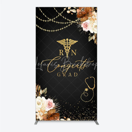 Lofaris Elegant Black and Gold RN Caduceus Congrats Grad Rectangle Backdrop Kit Floral Stethoscope Graduation Party Decor