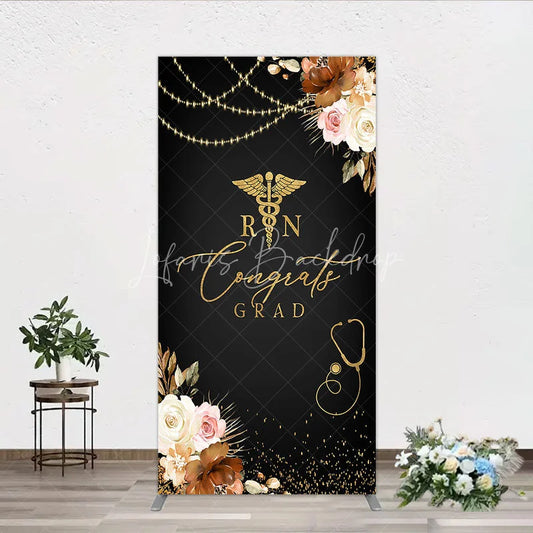 Lofaris Elegant Black and Gold RN Caduceus Congrats Grad Rectangle Backdrop Kit Floral Stethoscope Graduation Party Decor
