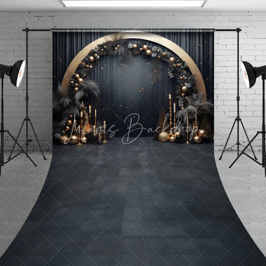 Lofaris Elegant Black and Gold Sweep Backdrop with Golden Arch Dark Foliage Festive Baubles for Celebrations