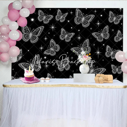 Lofaris Elegant Black and White Glowing Butterfly Y2K Birthday Backdrop with Sparkling Stars Magical Party Decor