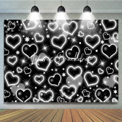 Lofaris Elegant Black and White Glowing Heart Star Y2K Birthday Backdrop Sparkling Glitter Celebration Party Decoration