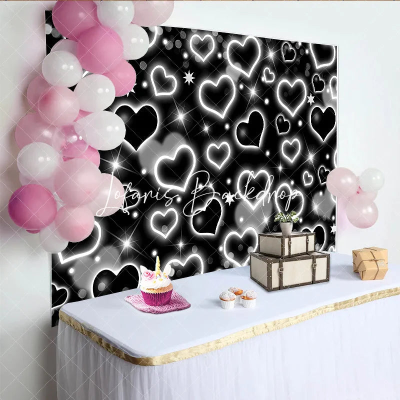 Lofaris Elegant Black and White Glowing Heart Star Y2K Birthday Backdrop Sparkling Glitter Celebration Party Decoration