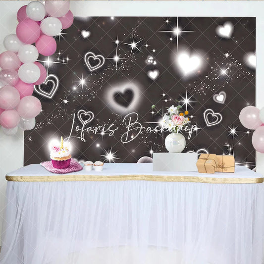 Lofaris Elegant Black and White Glowing Hearts Sparkling Stars Glitter Birthday Backdrop Dreamy Celebration Party Decor