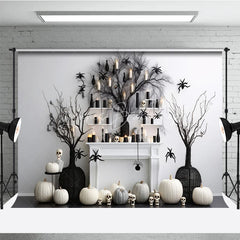 Lofaris Elegant Black and White Halloween Spooky Tree Photography Backdrop Pumpkins Spiders Skulls for Festive Autumn Decor