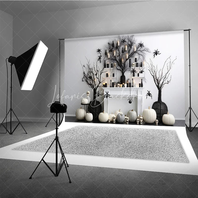 Lofaris Elegant Black and White Halloween Spooky Tree Photography Backdrop Pumpkins Spiders Skulls for Festive Autumn Decor