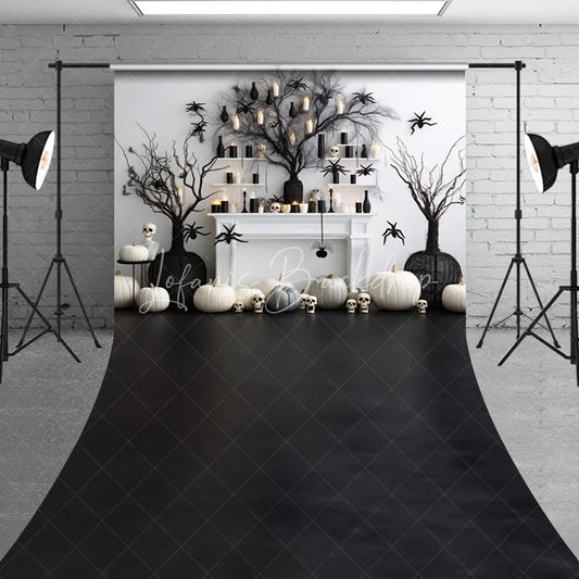 Lofaris Elegant Black and White Halloween Sweep Backdrop featuring Spooky Pumpkins Spiders Tree Decor