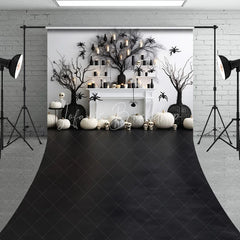 Lofaris Elegant Black and White Halloween Sweep Backdrop featuring Spooky Pumpkins Spiders Tree Decor