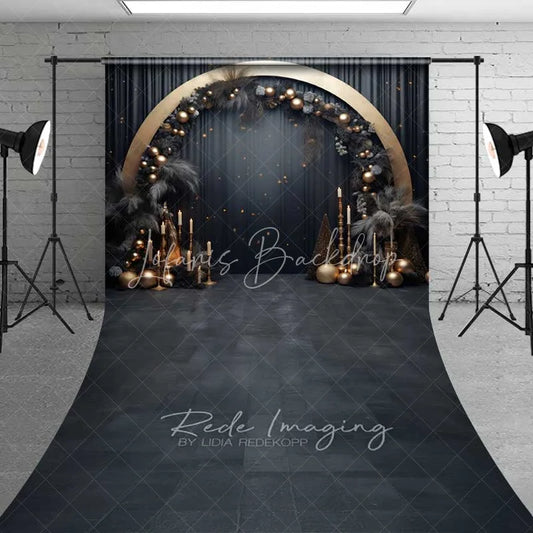 Lofaris Elegant Black Gold Arch Sweep Backdrop Pampas Grass Circle Frame Dark Floor Photo Background