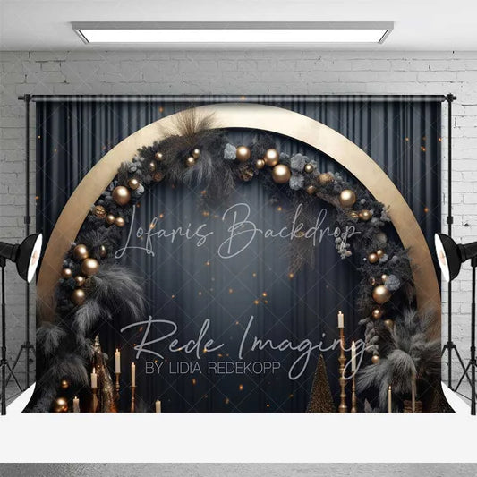 Lofaris Elegant Black Gold Christmas Backdrop Circular Arch Pampas Grass Ornaments Dark Curtain Photo Background
