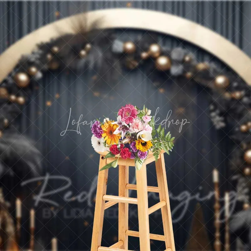 Lofaris Elegant Black Gold Christmas Backdrop Circular Arch Pampas Grass Ornaments Dark Curtain Photo Background