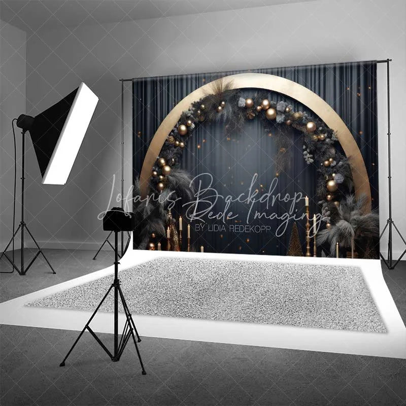 Lofaris Elegant Black Gold Christmas Backdrop Circular Arch Pampas Grass Ornaments Dark Curtain Photo Background