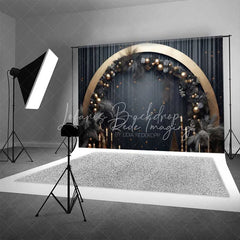 Lofaris Elegant Black Gold Christmas Backdrop Circular Arch Pampas Grass Ornaments Dark Curtain Photo Background