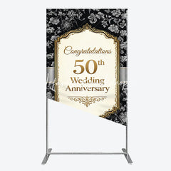 Lofaris Elegant Black Gold Floral Rectangle Arch Backdrop 50th Wedding Anniversary Celebration Party Decor
