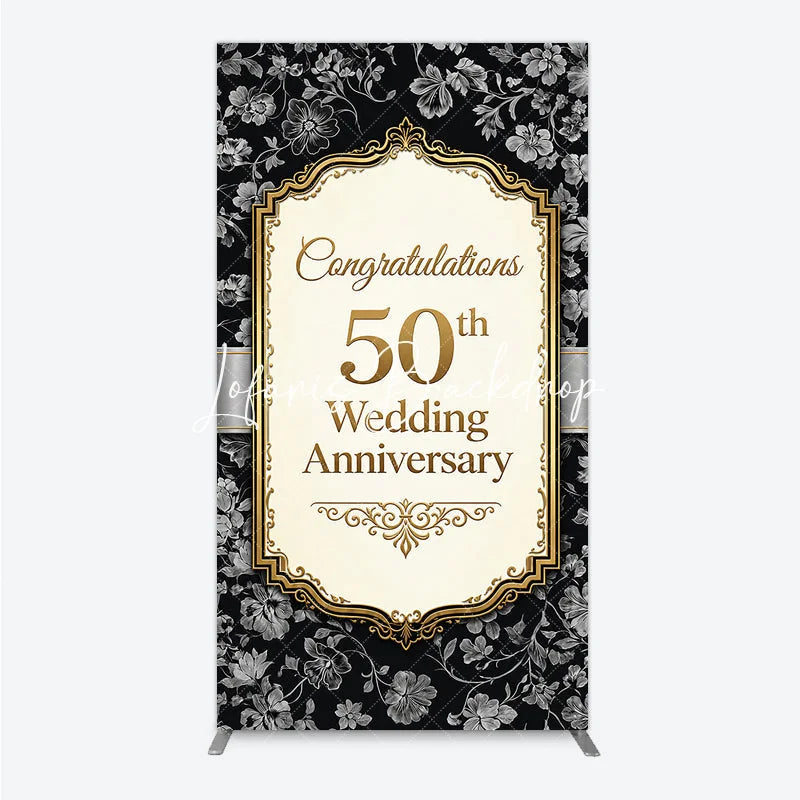 Lofaris Elegant Black Gold Floral Rectangle Arch Backdrop 50th Wedding Anniversary Celebration Party Decor