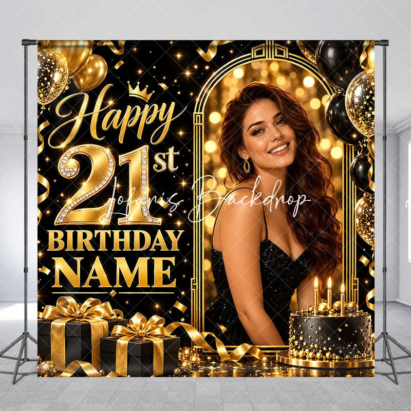 Lofaris Elegant Black Gold Glitter Diamond Happy 21st Birthday Custom Backdrop Personalized Party Celebration Decor