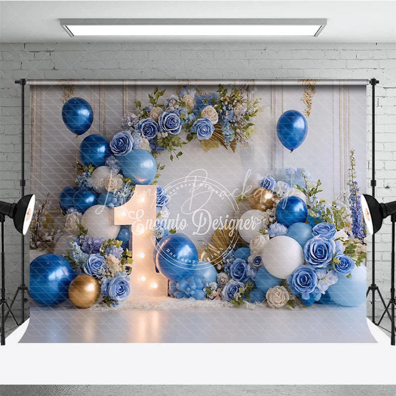 Lofaris Elegant Blue and Gold Balloons with Flowers First Birthday Photography Backdrop Baby Shower Cake Smash Decor