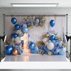 Lofaris Elegant Blue and Gold Balloons with Flowers First Birthday Photography Backdrop Baby Shower Cake Smash Decor