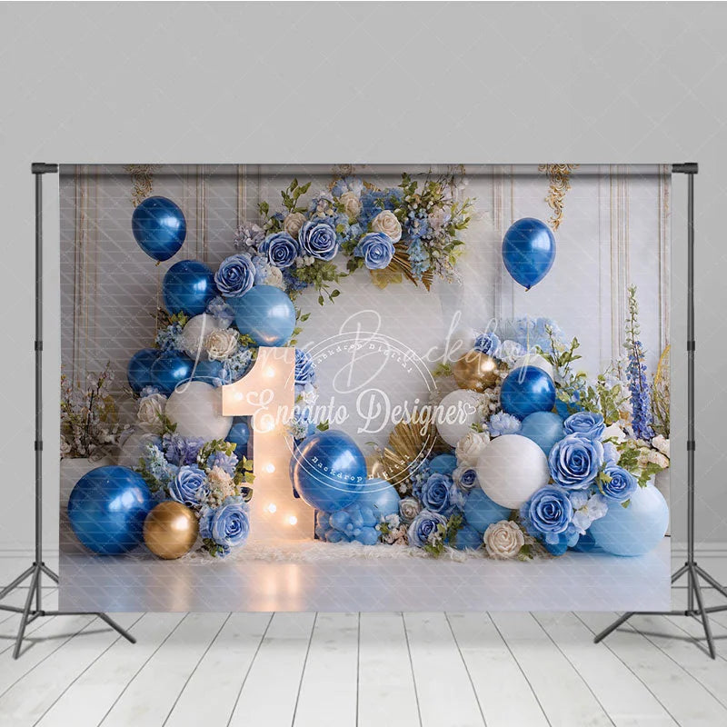Lofaris Elegant Blue and Gold Balloons with Flowers First Birthday Photography Backdrop Baby Shower Cake Smash Decor