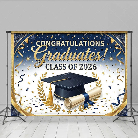 Lofaris Elegant Blue and Gold Graduation Photography Backdrop for Class of 2026 Featuring Cap Diploma