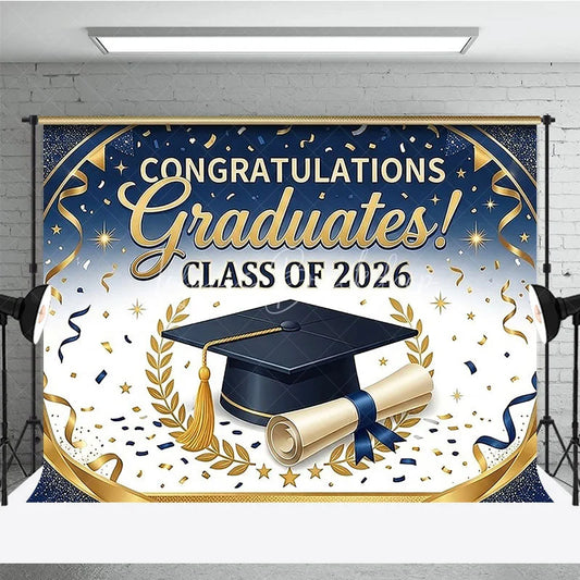 Lofaris Elegant Blue and Gold Graduation Photography Backdrop for Class of 2026 Featuring Cap Diploma