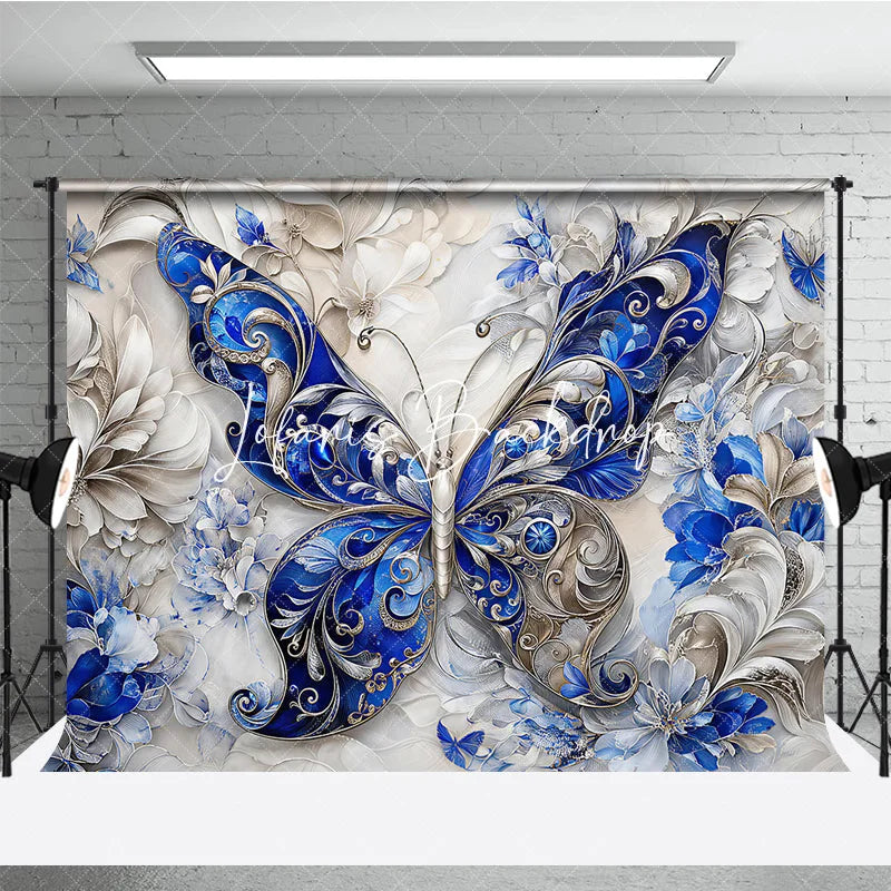 Lofaris Elegant Blue and Silver Ornate Butterfly Photography Backdrop Intricate Floral Textured Design for Fine Art Portraits.