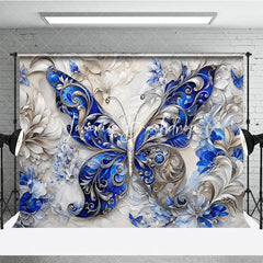 Lofaris Elegant Blue and Silver Ornate Butterfly Photography Backdrop Intricate Floral Textured Design for Fine Art Portraits.