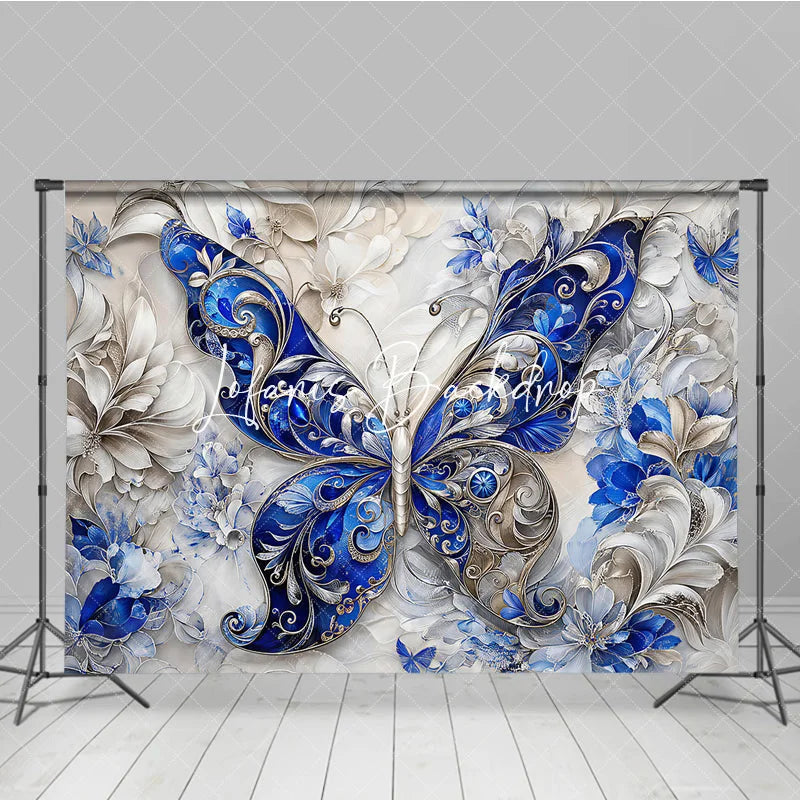 Lofaris Elegant Blue and Silver Ornate Butterfly Photography Backdrop Intricate Floral Textured Design for Fine Art Portraits.