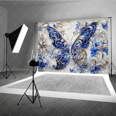Lofaris Elegant Blue and Silver Ornate Butterfly Photography Backdrop Intricate Floral Textured Design for Fine Art Portraits.