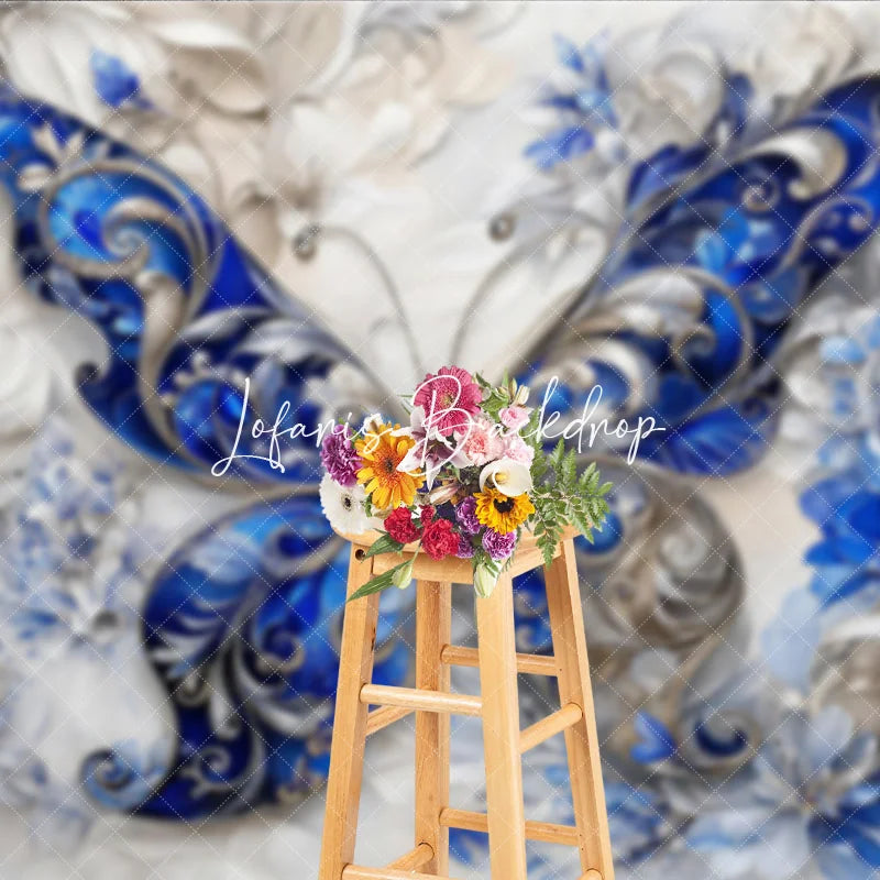Lofaris Elegant Blue and Silver Ornate Butterfly Photography Backdrop Intricate Floral Textured Design for Fine Art Portraits.