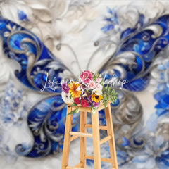 Lofaris Elegant Blue and Silver Ornate Butterfly Photography Backdrop Intricate Floral Textured Design for Fine Art Portraits.